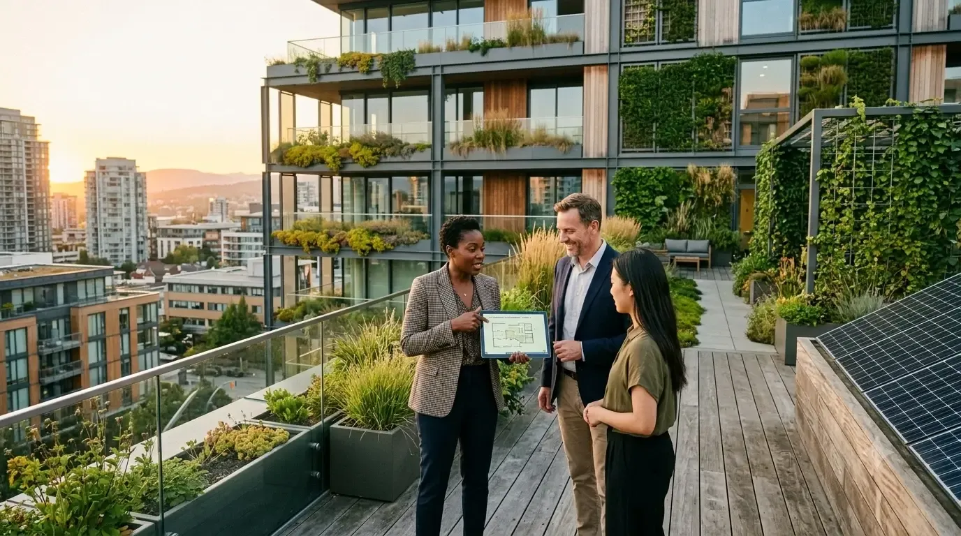 Green luxury apartment building with solar panels and rainwater harvesting system